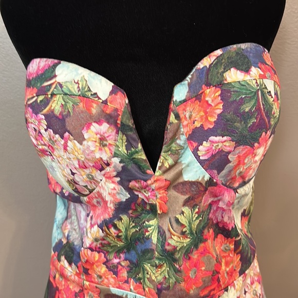 EUC ASOS Bodycon Plunge Pencil Dress Bright Smudgy Floral Strapless Women’s 14 - Picture 2 of 12